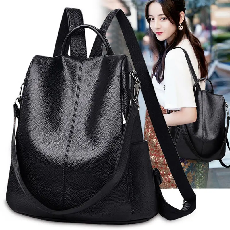 

New Retro PU Leather Women's Backpack Trend Fashion Student Shoulder Bag College Student Backpack Travel Bag Black
