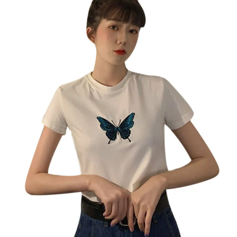 

Butterfly Embroidery Short T-shirt Summer New Korean Style Short-sleeved 2020 Girl Retro Blue Tops