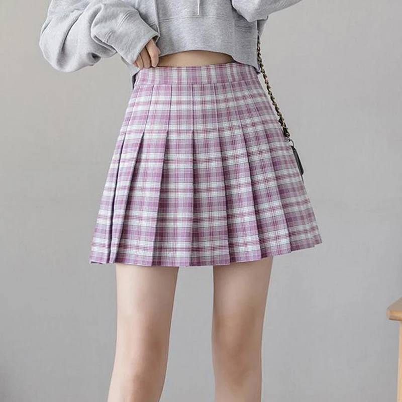 

Zoki Purple Women Mini Plaid Skirt Pleated High Waist Zipper Casual Slim A Line All Match Female Skirt Fashion Summer New