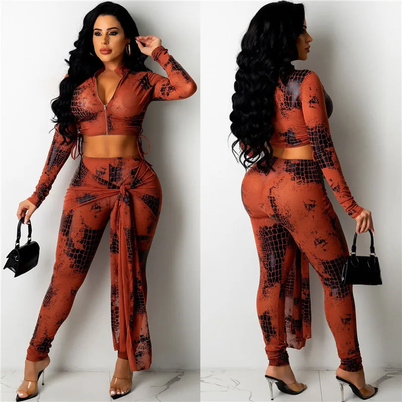 Buy Sexy Mesh Sheer Leopard 2 Piece Sets for Women Nightclub Birthday Outfits Long Sleeve Crop Top and Ribbons Pants Matching on