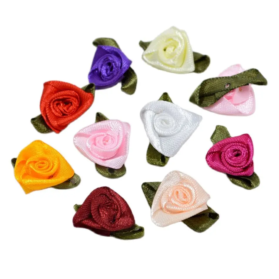 

24pcs 27mm Polyester Flower Heads Triangular Rose With Green Leafe Handmade DIY Hairbow Sewing Garments Materials