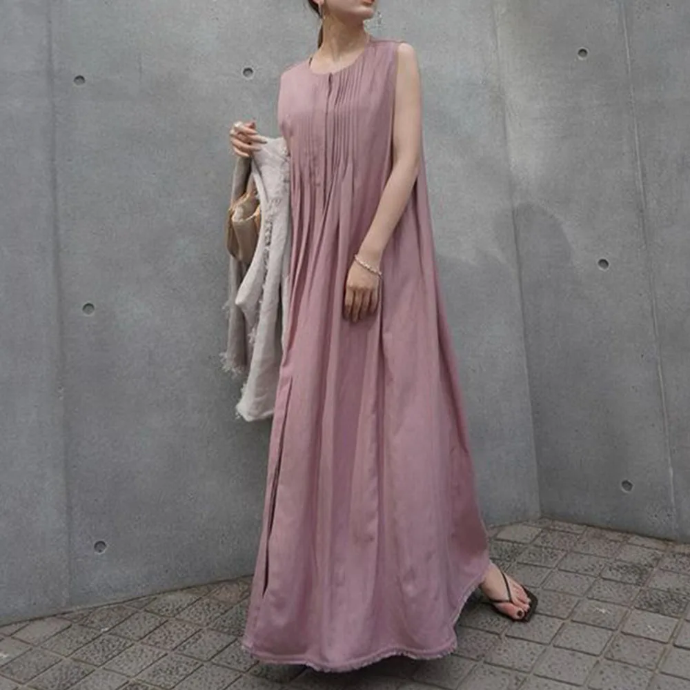 

Summer 2021 Japanese Style Korean Fashion Solid Color Temperament Simplicity Gather Round Neck Sleeveless Women's Dress