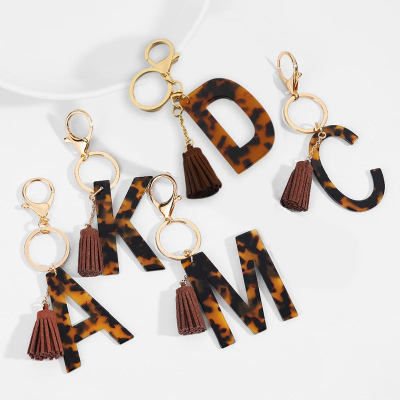 

A-Z Initial Keychain Bracelet Tassel Classic Leopard Print Acetate Pendant Keyring for Wallet Bag Car Key Chains Jewelry Gifts