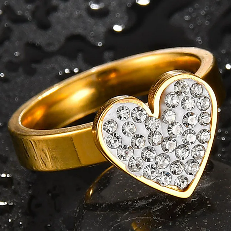 

HNSP Stainless Steel Heart Zircon Gold Ring For Women 2022 Fashion Party Finger Rings Female Jewelry Gift