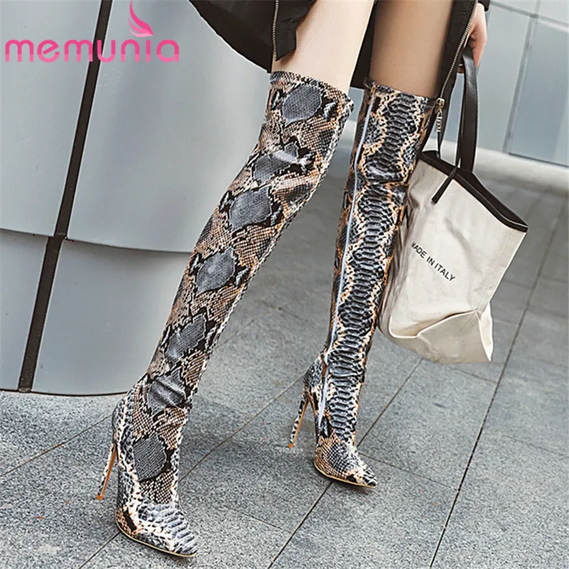 MEMUNIA 2020 Новое поступление Женские Сапоги выше колена змеиная молния заостренный