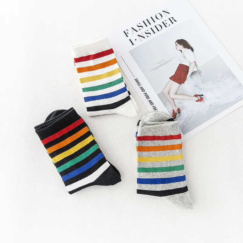 

Rainbow Striped Cotton Streetwear Socks 2019 New Autumn Winter Japanese Style Causal Women Socks Skarpetki Calcetines