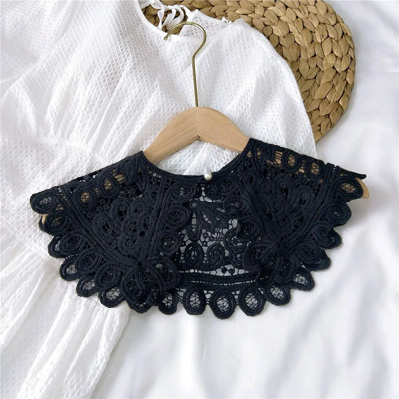 

Hollow Crochet Lace Shirt Faux Collar O-Neck Doll Fake Collar Pearl Button Detachable Collar Shawl Solid Color Fake Collars New