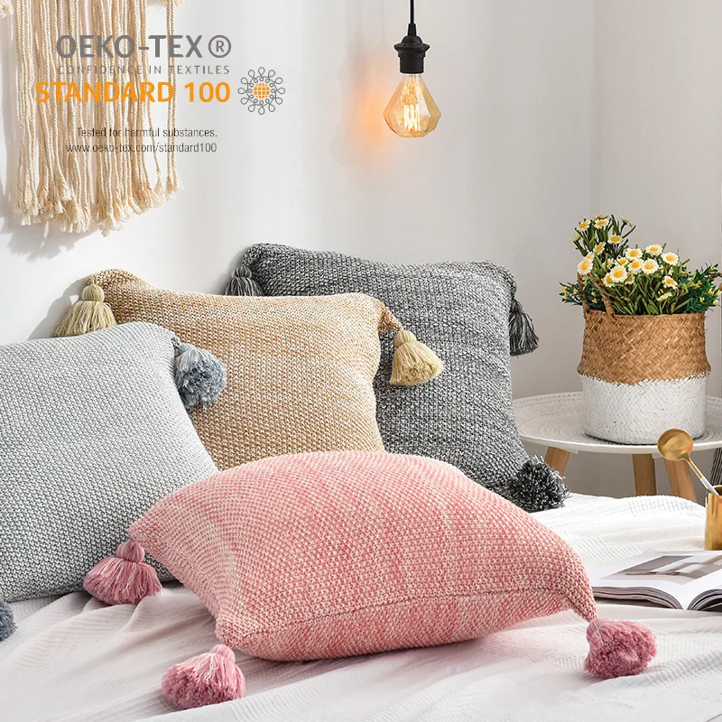 

Solid Knitted Cushion Cover Grey 45x45cm Pillow Cover Decorative For Living Room Nordic Pillow Case Cushion Case Tassels Home