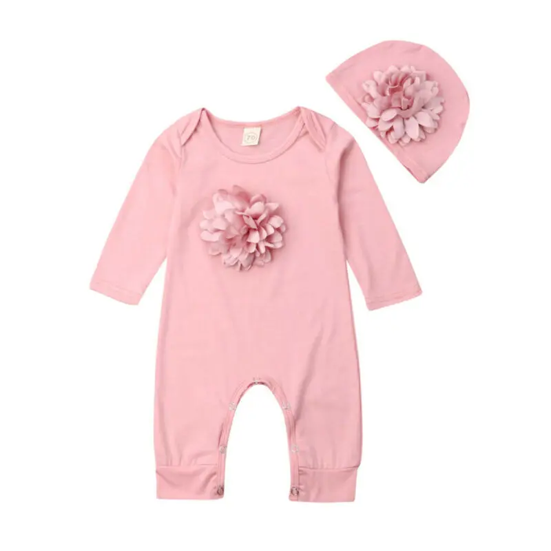 0-18M Baby Flower One-piece Romper Newborn Kid Girl 3D Flowers Long Sleeve Jumpsuit Hat Clothes | Мать и ребенок