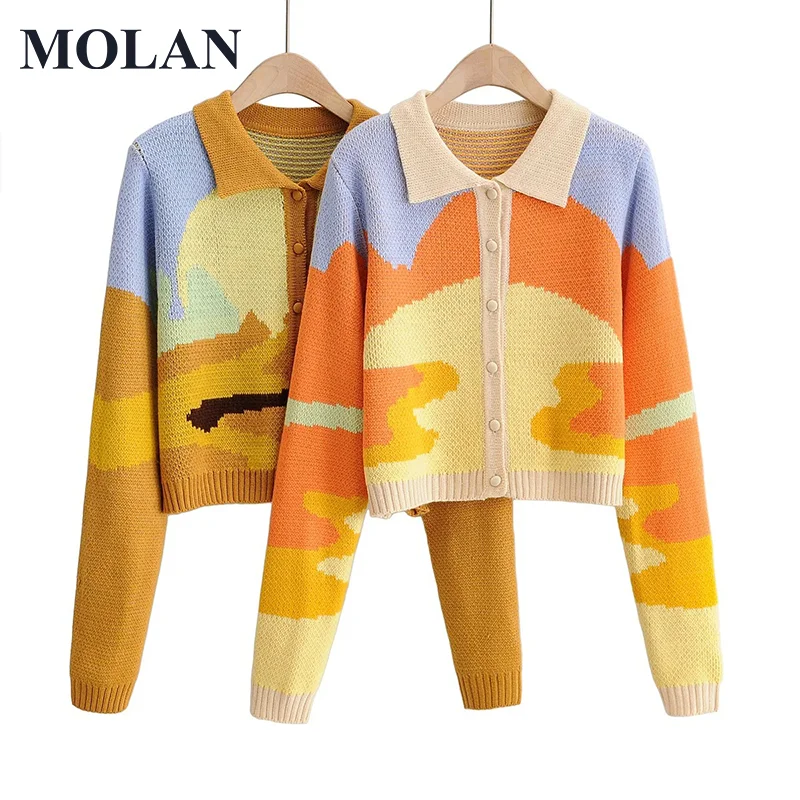 

MOLAN Harajuku Women Knitted Cardigan Embroidery Single Breasted Cropped Long Sleeve Lapel Casual Sweater Female Chic Coat