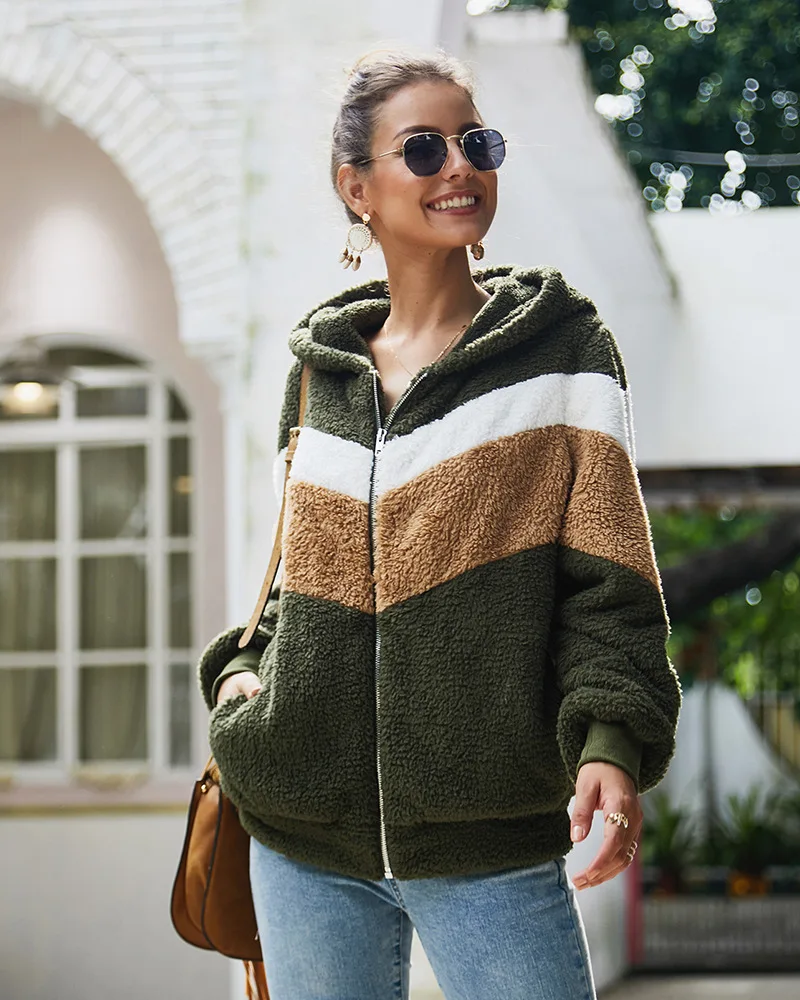 XUANSHOW зима Хранить в теплой одежде женщины Толстовка с капюшоном рыхлый Молния Длинный рукав карманный сшивание плюш Пиджак Пальто