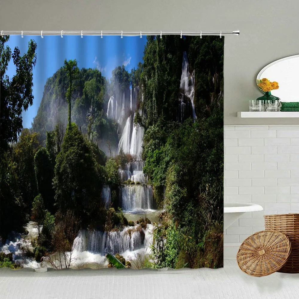 

Waterfall Natural Scenery Shower Curtain Forest Trees Green Plants Stone Photography Bathroom Decor Waterproof Screen With Hook