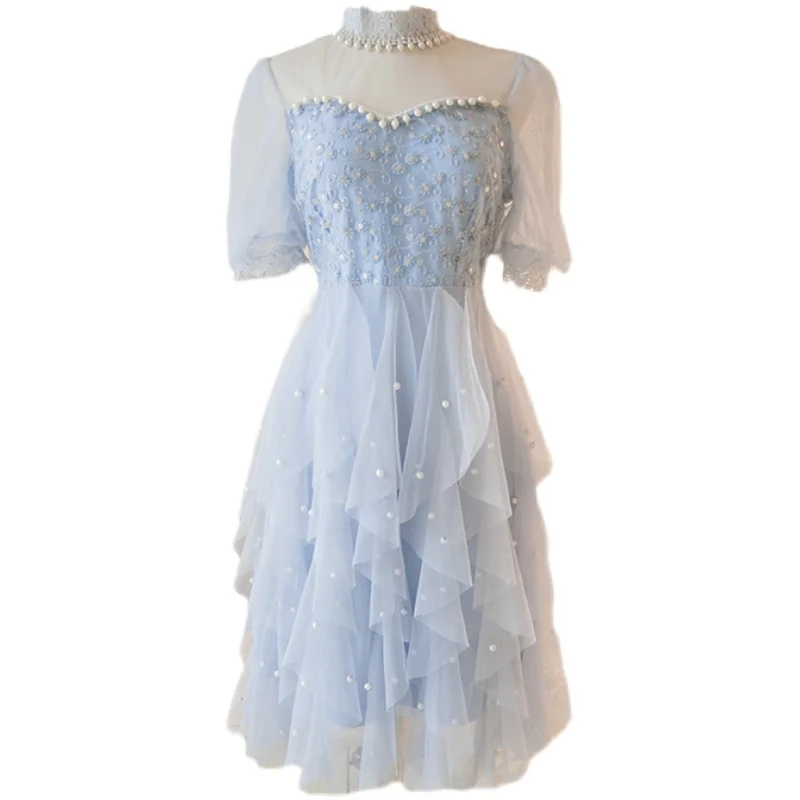 

Chic Temperament Stand Collar Short Sleeve Dress Female Summer New Women Slim Mesh Dress Vestidos Mujer Sweet Ladies Clothes