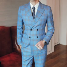 (Jacket+Vest+Pant)2021 Men Suit Suit with Double-breasted Slim Business Casual plaid Blazers Male Suits Groom Wedding Dress 3Pcs (3)