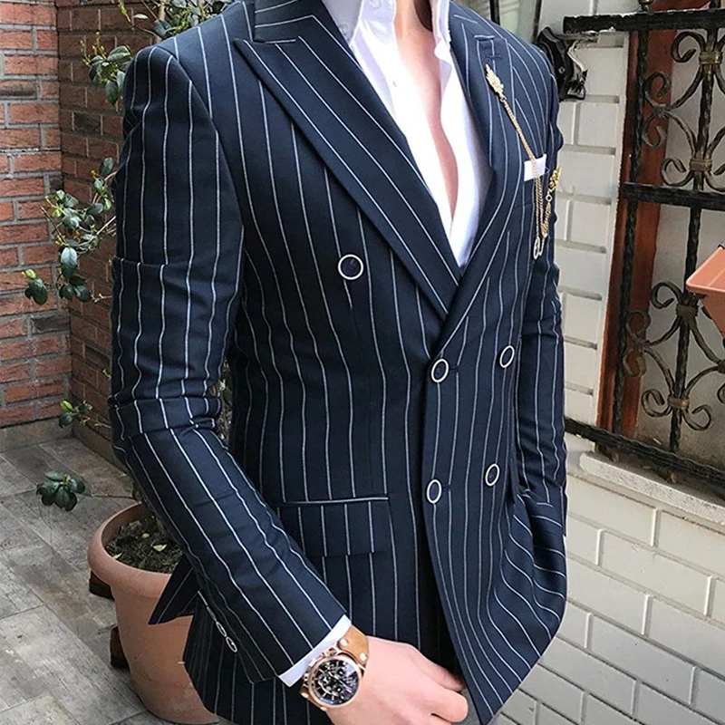 Мужской повседневный пиджак приталенный смокинг блейзер в полоску с лацканами