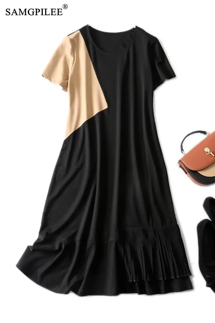 

2021 New Elegant Mermaid Dresses Women O Neck Patchwork A-line Korean Style Elastic Short Sleeve Summer Dress Plus Size 4XL