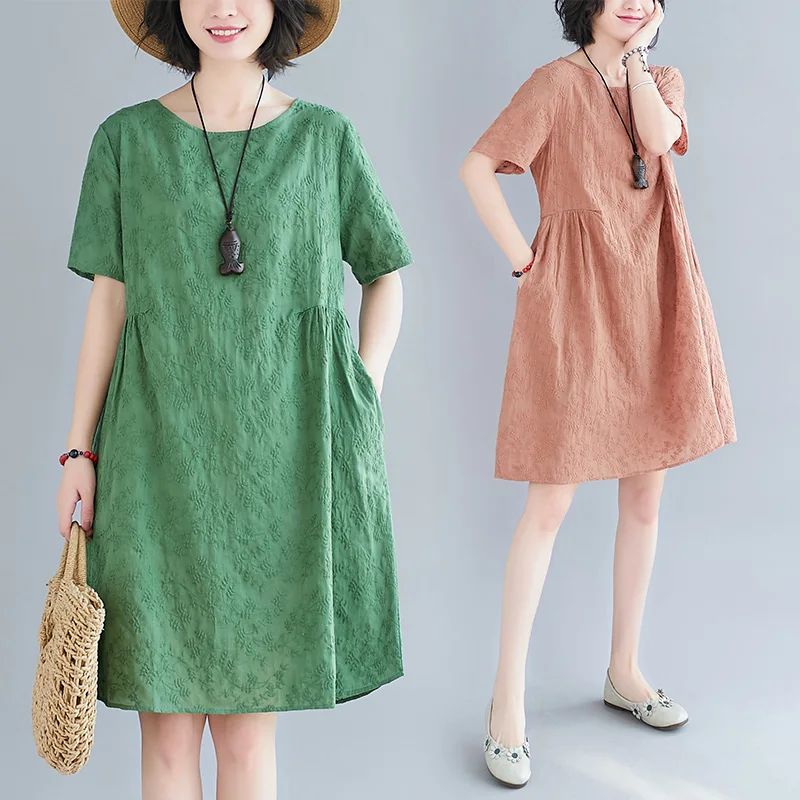 

Женское жаккардовое платье средней длины, повседневное свободное плиссированное платье из хлопка и льна с короткими рукавами, лето 2020