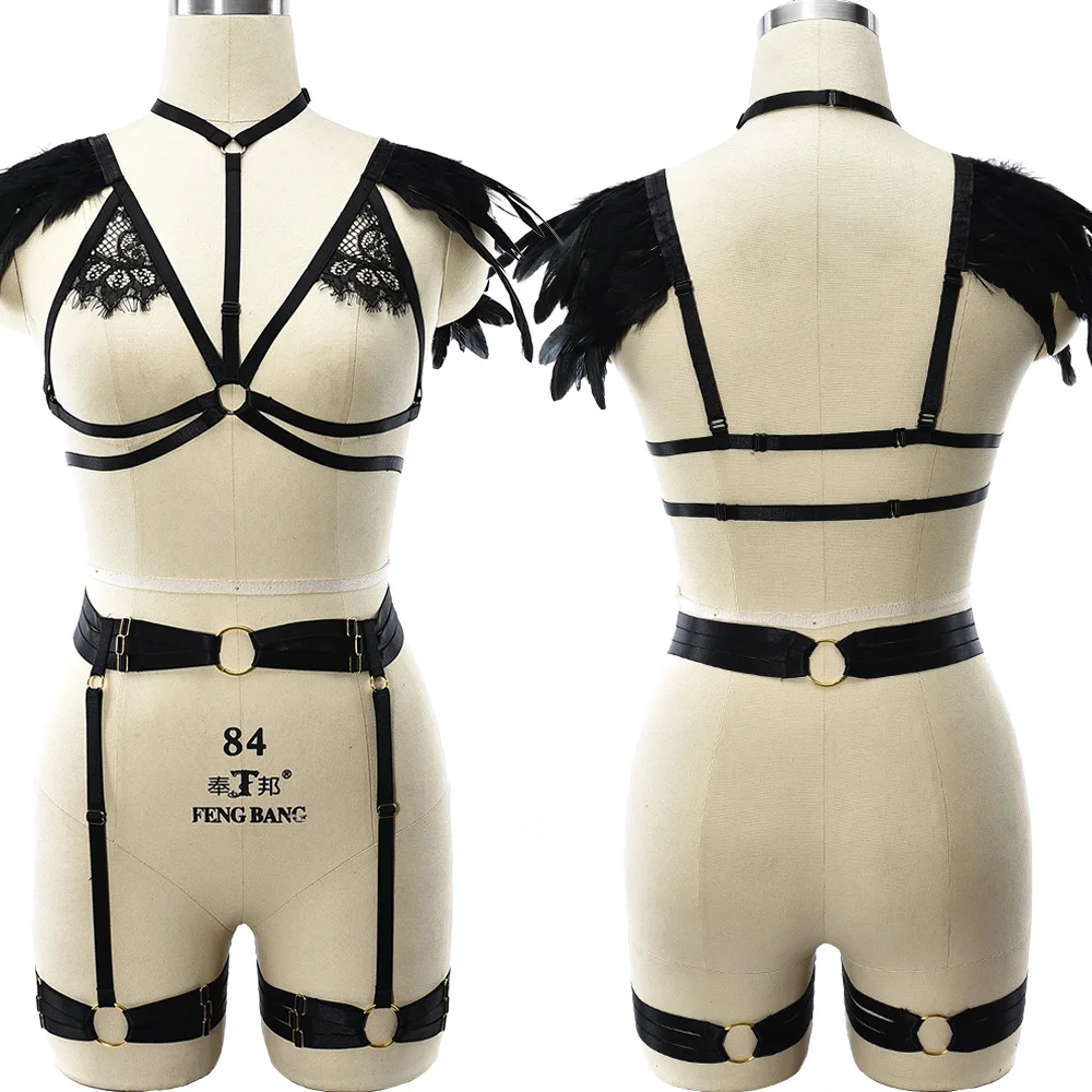 Черный кружевной бюстгальтер с перьями подвязка для ног пояс чулок пастельный