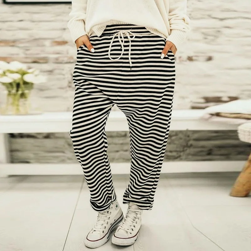 

Women Fashion Drawstring Spring Trousers Summer Elegant Striped Print Long Pants Lady Vintage Pocket Loose Streetwear Sweatpants