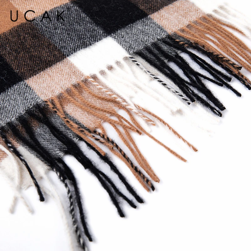 UCAK Brand Autumn Winter Warm Scarfs Soft Men Women Casual Plaid Pure Wool Scarf Shawl Wrap Knit Long Striped With Tassel A20