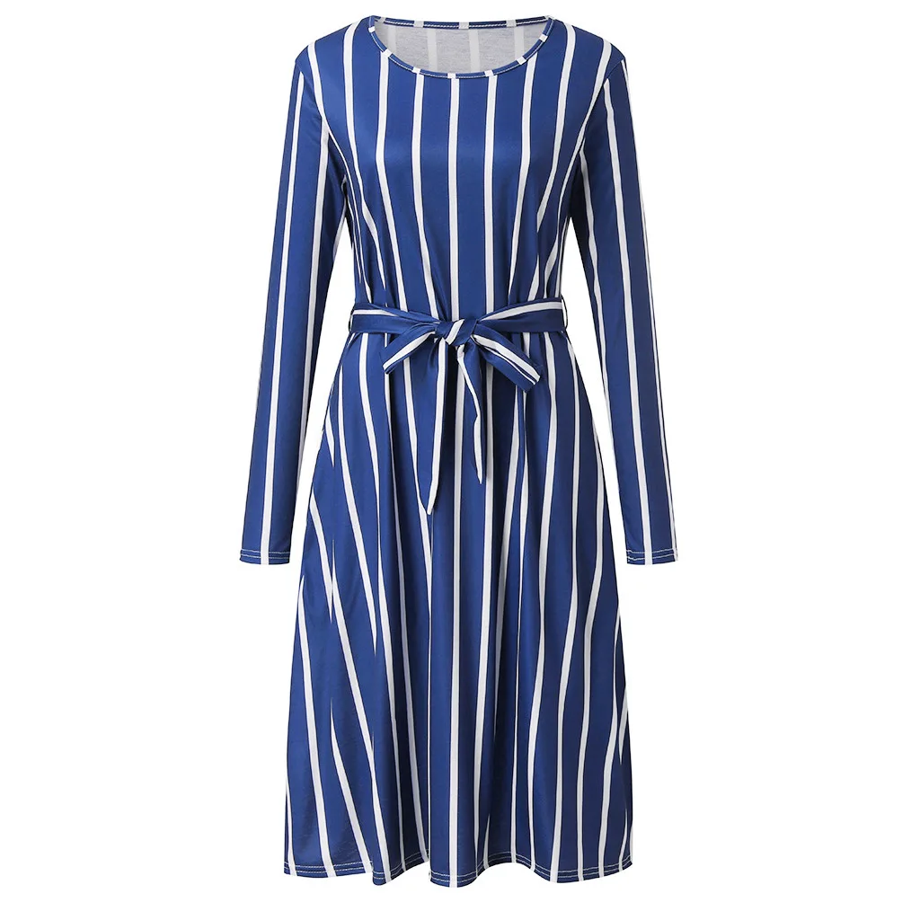 Женское платье в полоску с длинным рукавом круглым вырезом и карманами|Женские