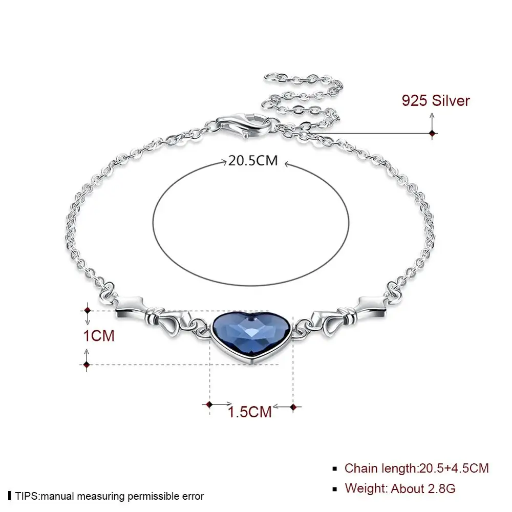 

Real Austrian Crystal Charm Bracelet 925 Sterling Silver Love Heart for Women Fine Jewerly Wedding Engagement Party