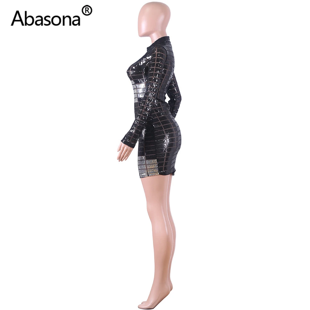Abasona, Осеннее, зимнее, женское, с длинным рукавом, геометрический рисунок, сексуальное, облегающее, мини платье, из прозрачной сетки, обтягивающие, с блестками, платья, вечерние, для ночного клуба