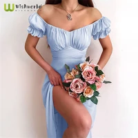 wishworld one shoulder bubble sleeve pleated elegant solid color dress fashionable woman summer sundress popular party dress