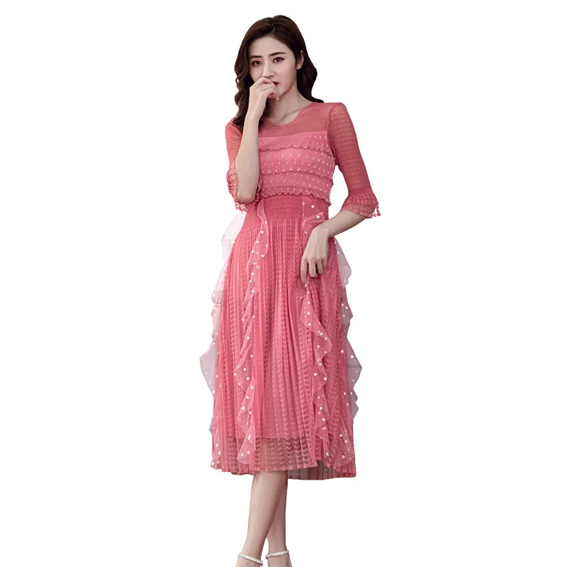 

Summer Elegant Temperament Wave Point Stitching Ruffle Waist Slim Dress