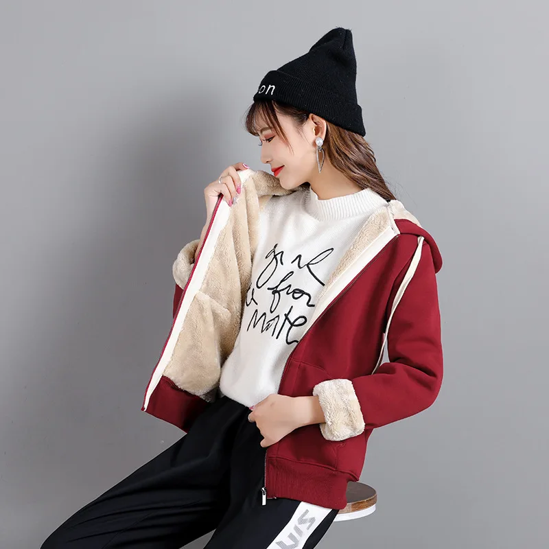

Women New Solid Color Hoodies Autumn Winter Female Lambswool Loose Thick Zipper Sweatshirt Coats Ladies Hooded Outerwear A162
