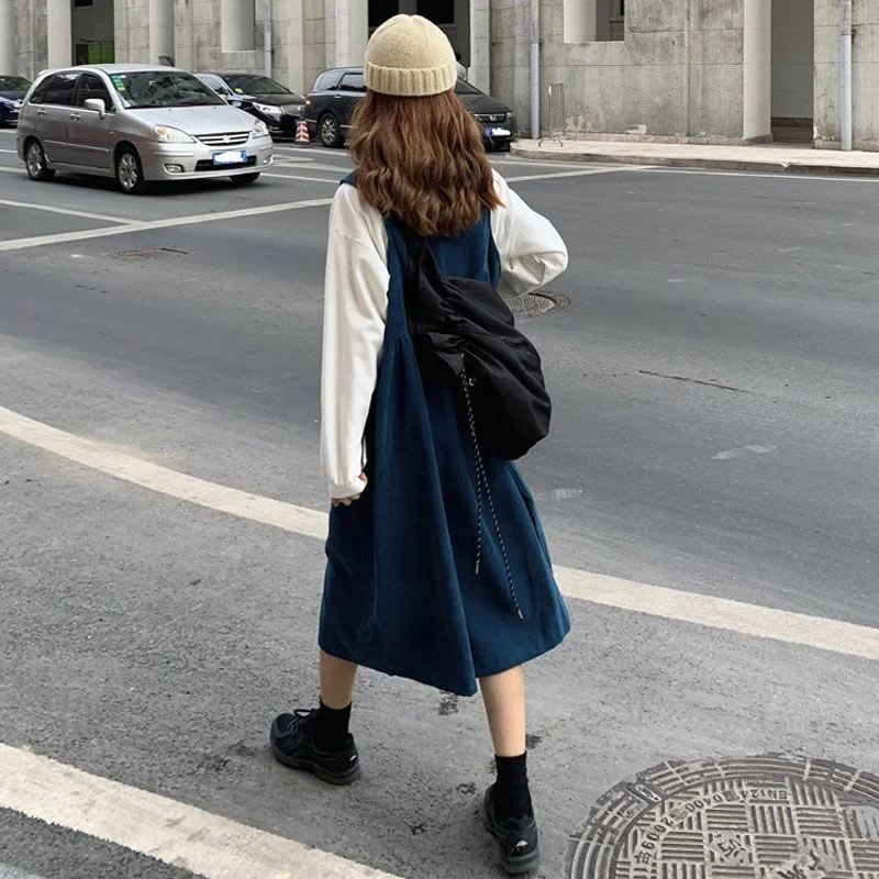 

Women Sleeveless Dress Corduroy Loose High Waist Mid-calf Casual Side Pockets Ladies Office Dresses Suspender All-match Lovely