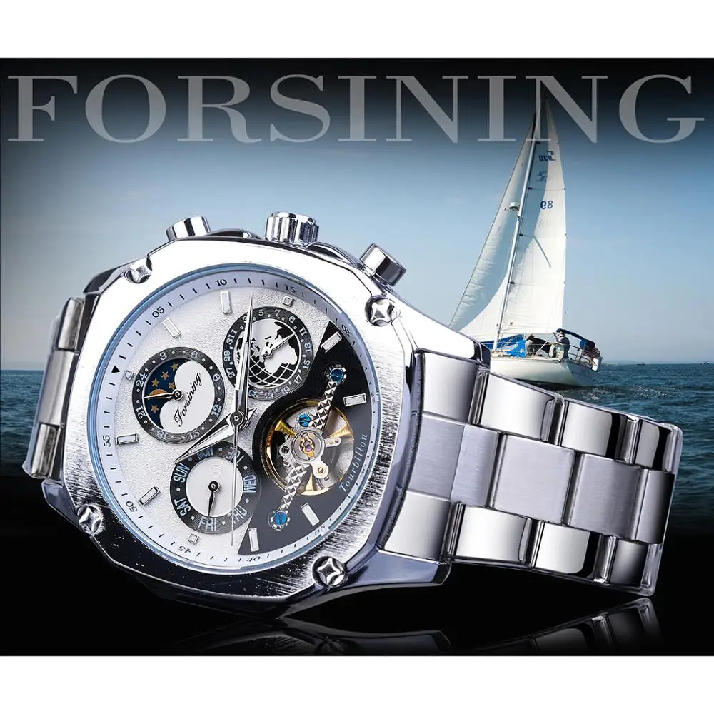 Forsining квадратные мужские механические наручные часы Tourbillon Moon Phase Calendar автоматическое Деловое платье ремни для наручных часов из нержавеющей стали