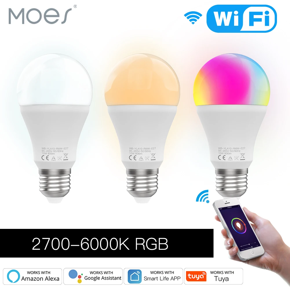

Пульт дистанционного управления, Wi-Fi Smart Светодиодная лампа с регулировкой яркости 10 Вт, RGB C + W, приложение Smart Life Tuya, работа с Alexa, Echo, Google Home E27