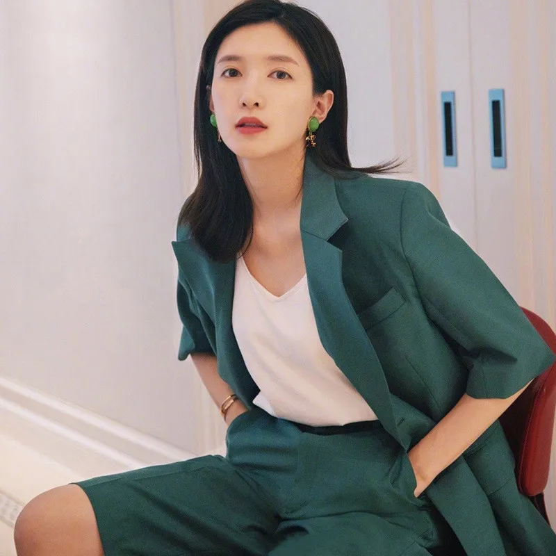 Womens Blazer Two Piece Suit Set Half Sleeve Double Breasted Jacket Blazer +Half Short Pants Suit 2020 Autumn Ladies Formal Suit