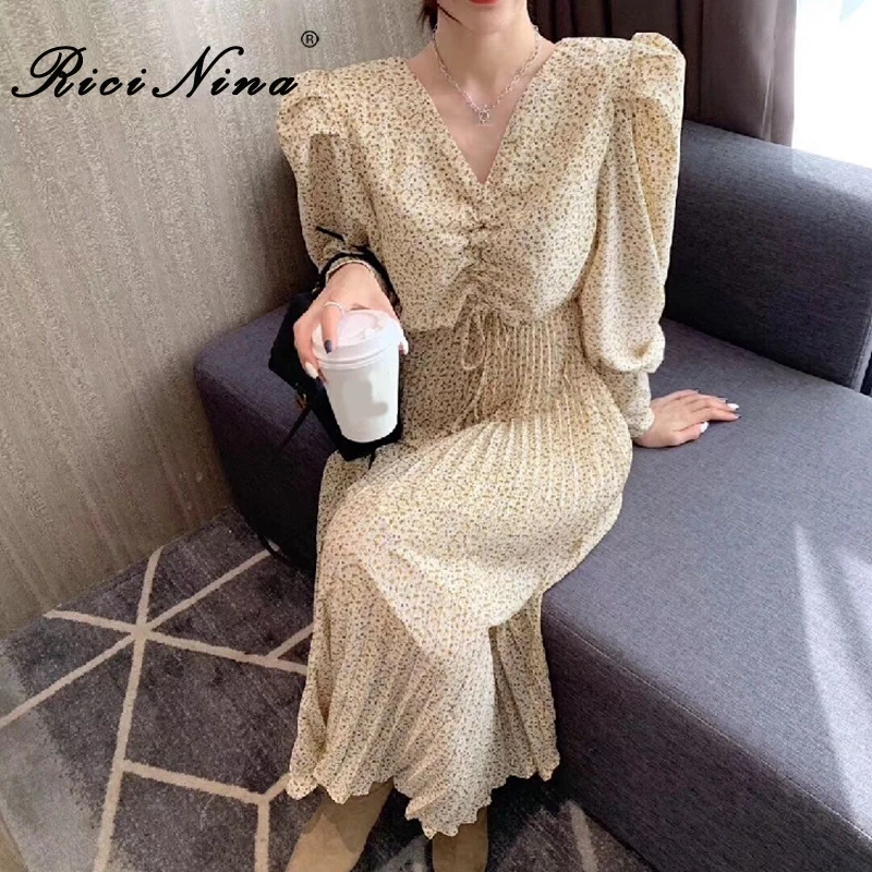 RICININA элегантное женское платье длинный рукав фонарик v образный вырез шнуровка