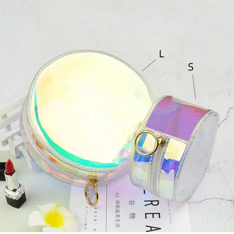 

Дорожная прозрачная Лазерная косметичка, портативный круглый чехол для макияжа, органайзер для красоты, косметичка на молнии для женщин, ко...