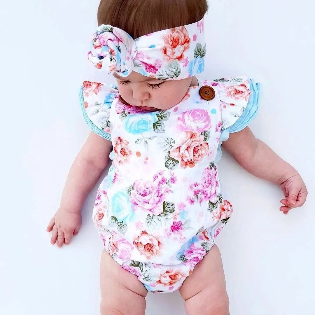 

Fashion Baby Girls Floral Printed Ruffled Romper Summer 0-24M Infant Toddler Bodysuit Jumpsuit with Headband