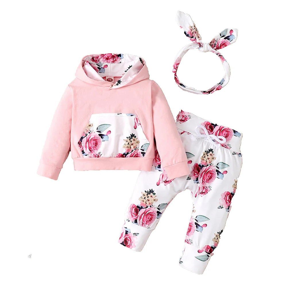 

3 Piece Set Newborn Baby Girls Floral Casual Long Pants Long Sleeve Cotton Pullover Hooded Pockets Hoodie Headband Clothing