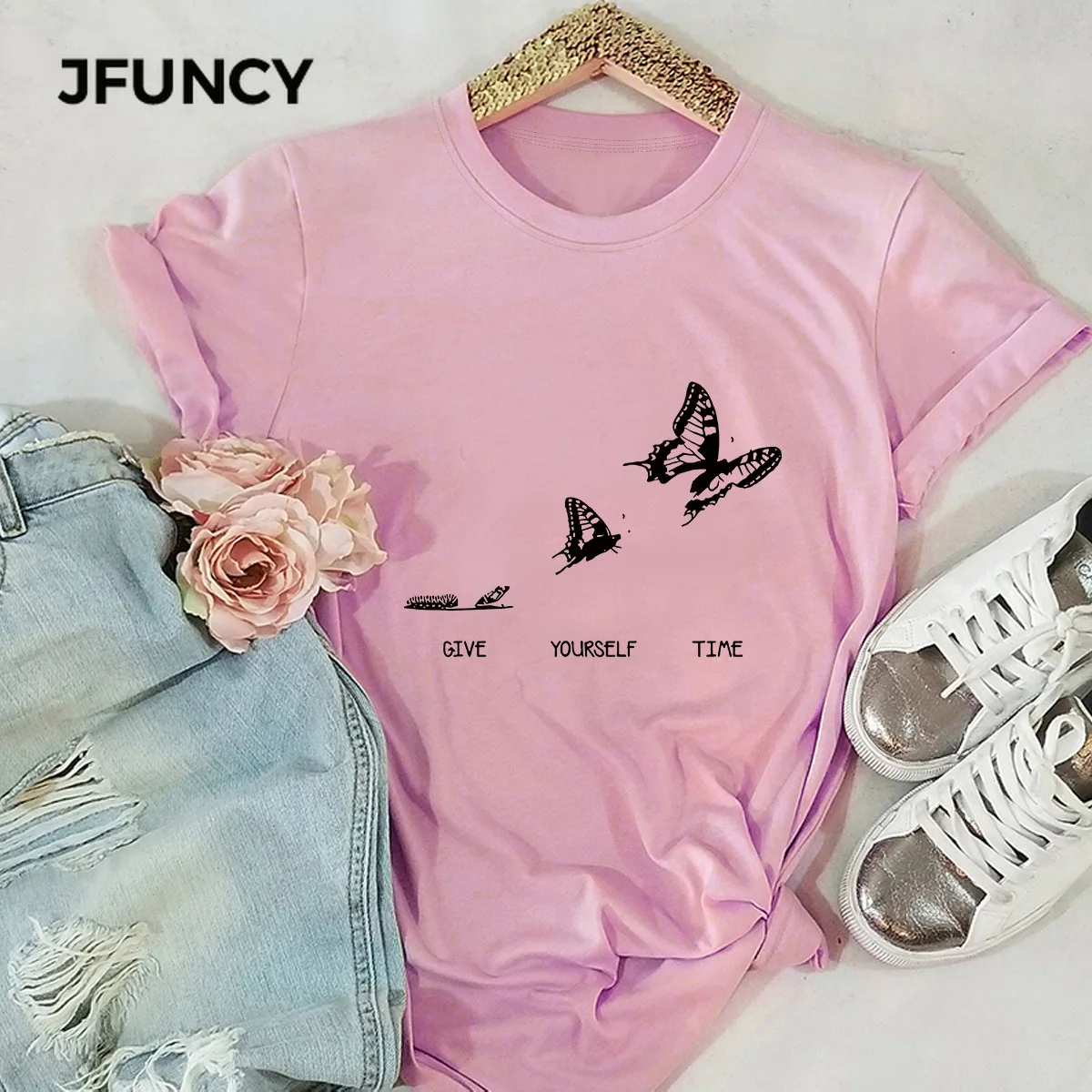 JFUNCY Butterfly Print Oversize Women Loose Tee Tops 100% Cotton Summer T-Shirt Woman Shirts Fashion Mujer Tshirt