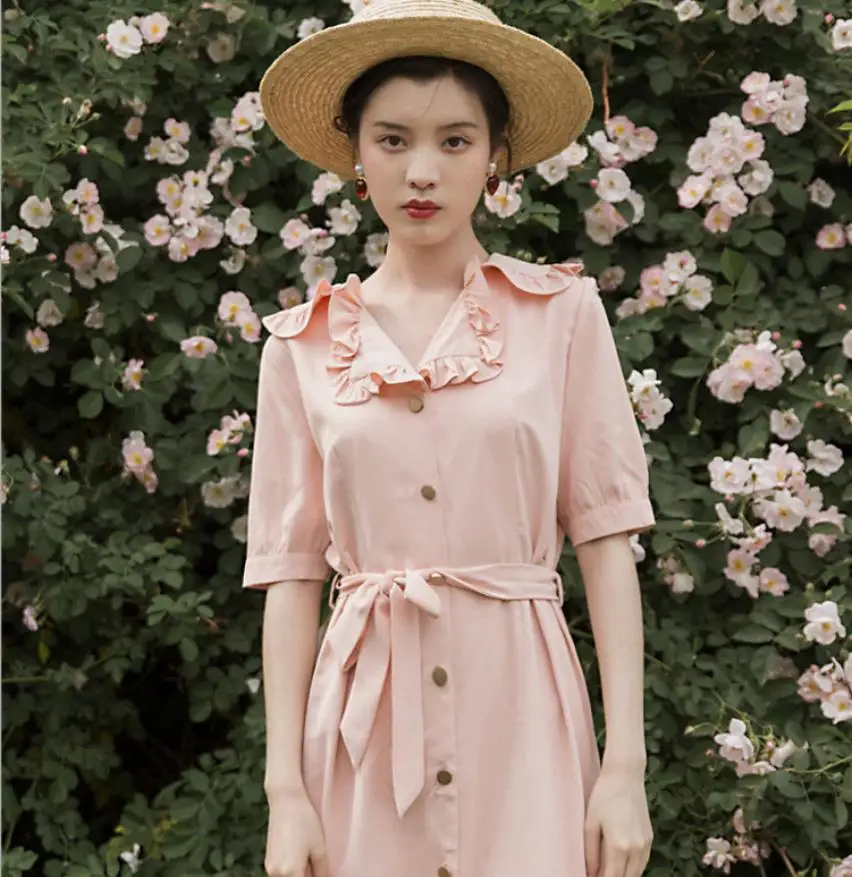 

Summer 2020 new French first love dress retro super fairy navy collar pink dress high waist slimming temperament dress F1389