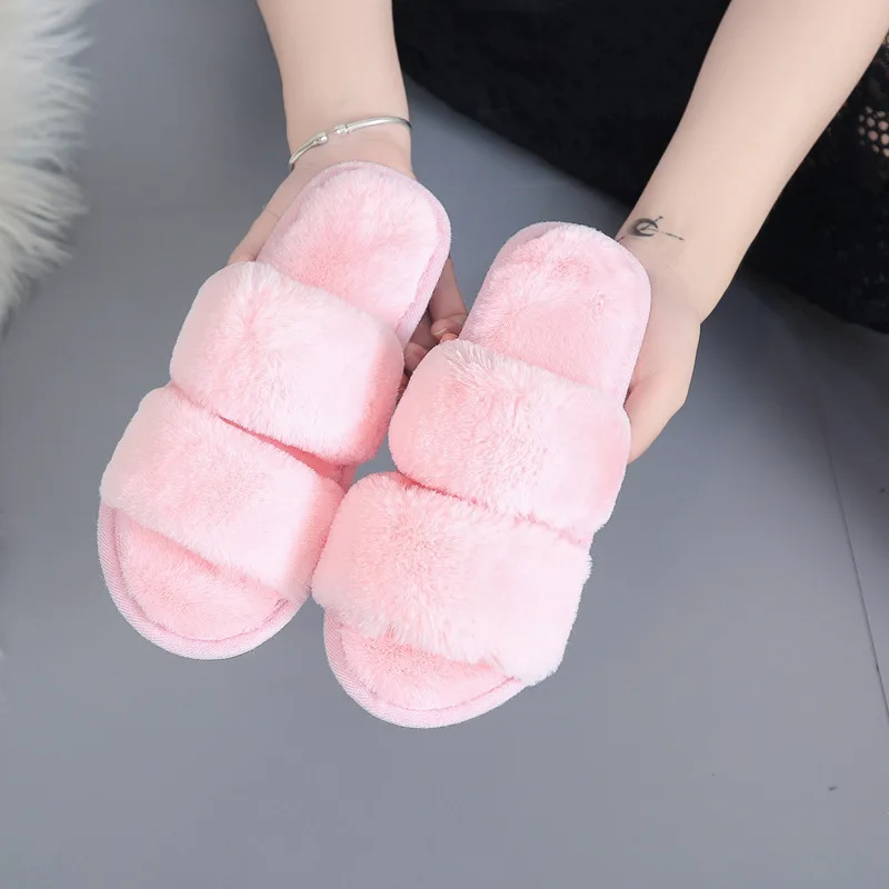 

Pink Women Home Slippers Flat Soft Indoor Furry Slides Winter Warm Fluffy Slippers Female Casual Flip Flops Fashion Woman Shoes