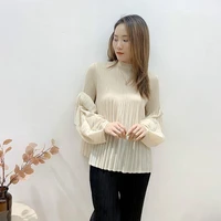plus size tops for women 45 75kg 2021 autumn small o neck wrist length sleeves solid color loose miyake pleated t shirts