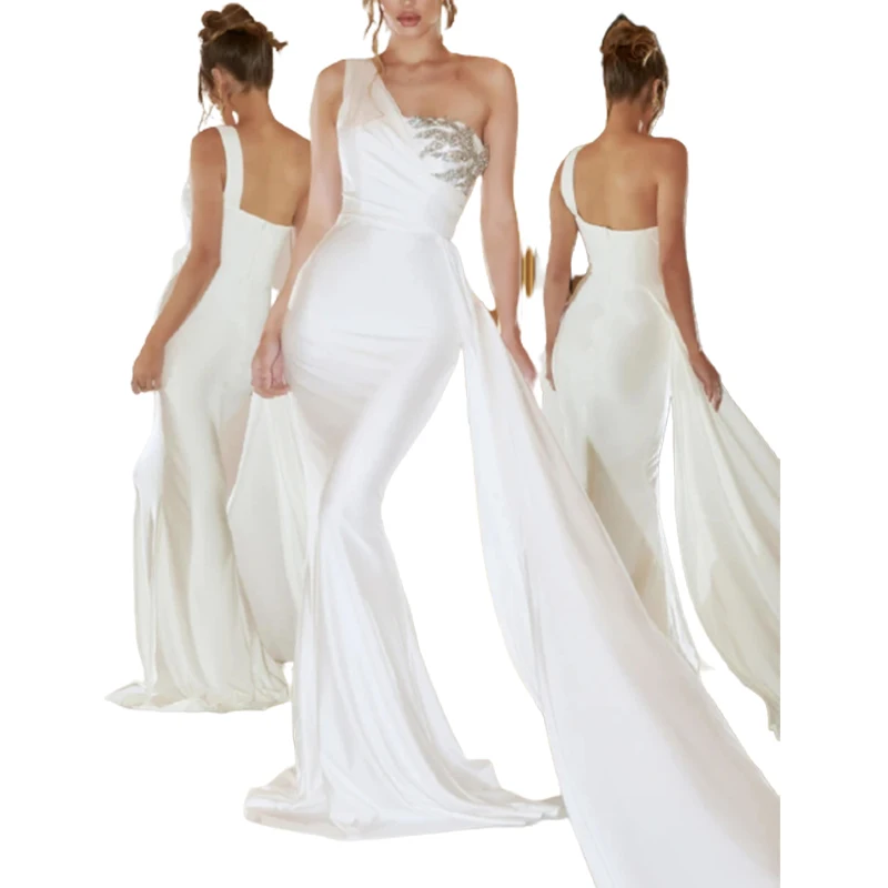 

2021 Autumn Trendy One Shoulder Backless White Sexy Slim Full Length Cocktail Dresses Ladies Long Prom Vestidos Evening Gowns