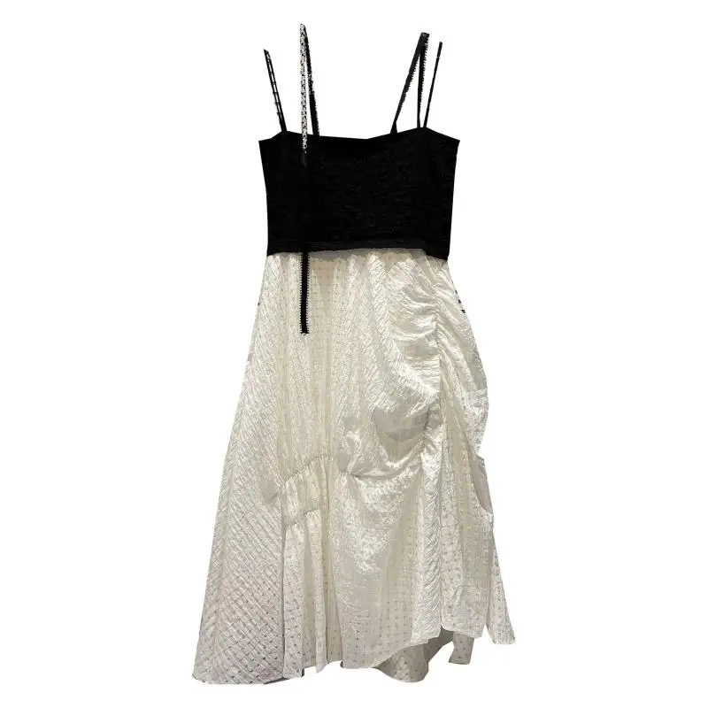 

Vacation Beach Sleeveless Dress for Women 2021 Summer New Pleated Strap Design Black White Patchwork Slim Waist Robe Maxi Dress
