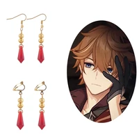 anime game genshin impact childe tartaglia earrings red crystal clip on earrings for women men cosplay accessories props gifts