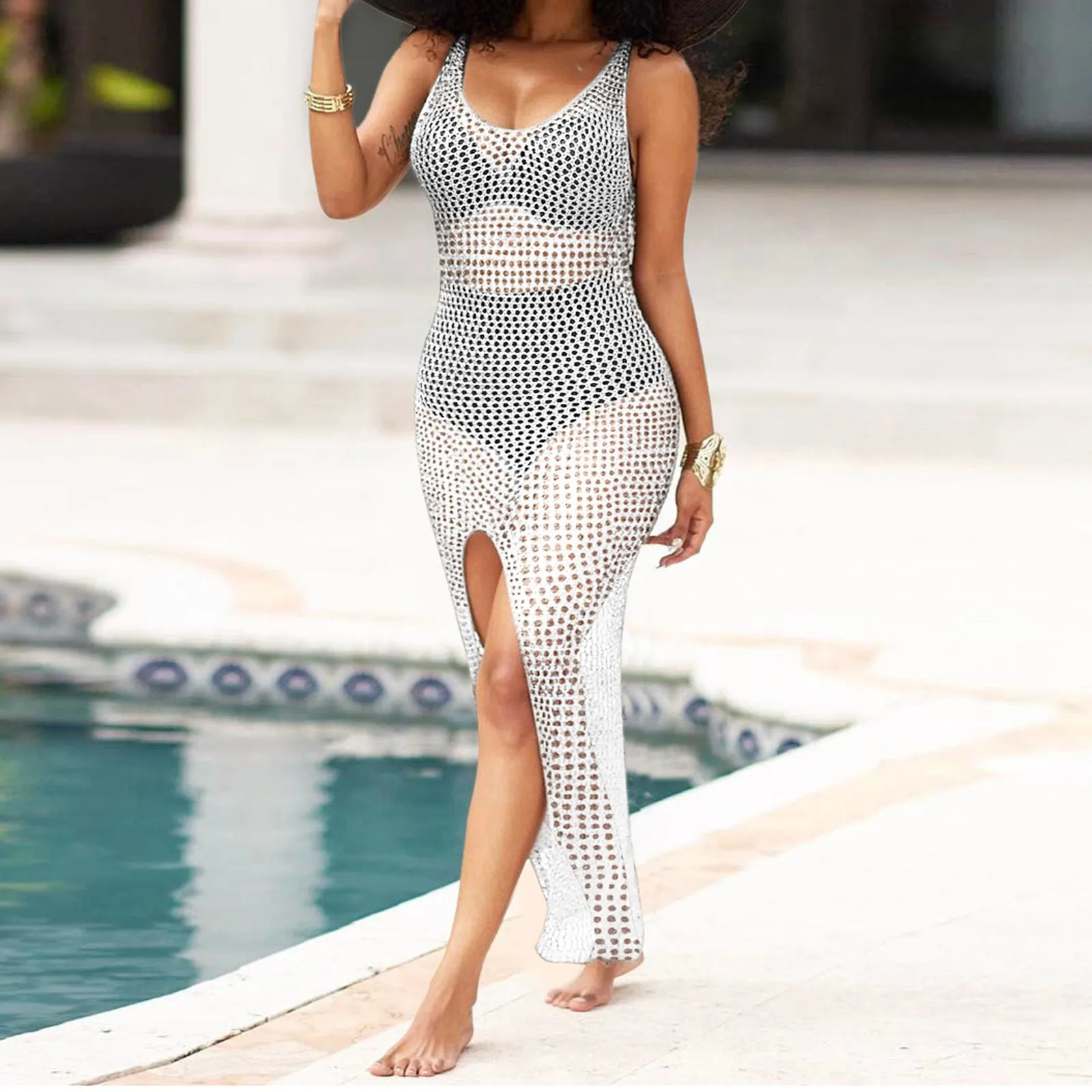 

Crochet Cover-ups Dresses Women Beachwear Swimsuit Bikini Hollow Out Cover Tops Bathing Suit Summer Beach Coverups Dress