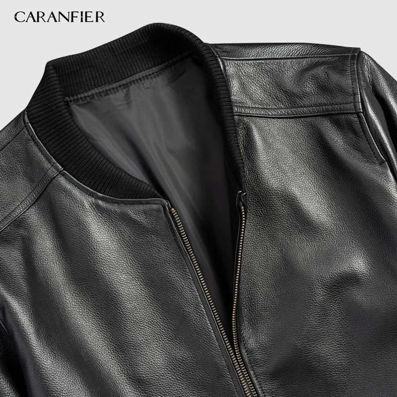 Мужская винтажная кожаная куртка CARANFEIR Черная байкерская из натуральной