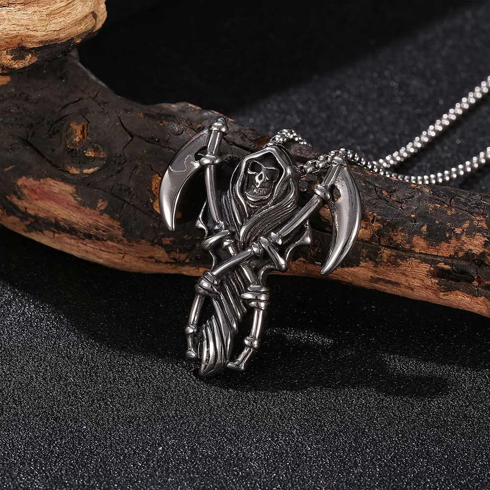 

Gothic Fashion Vintage Reaper Scythe Necklace For Men Punk Stainless Steel Grim Reaper Pendant Hip Hop Jewelry Gift Wholesale