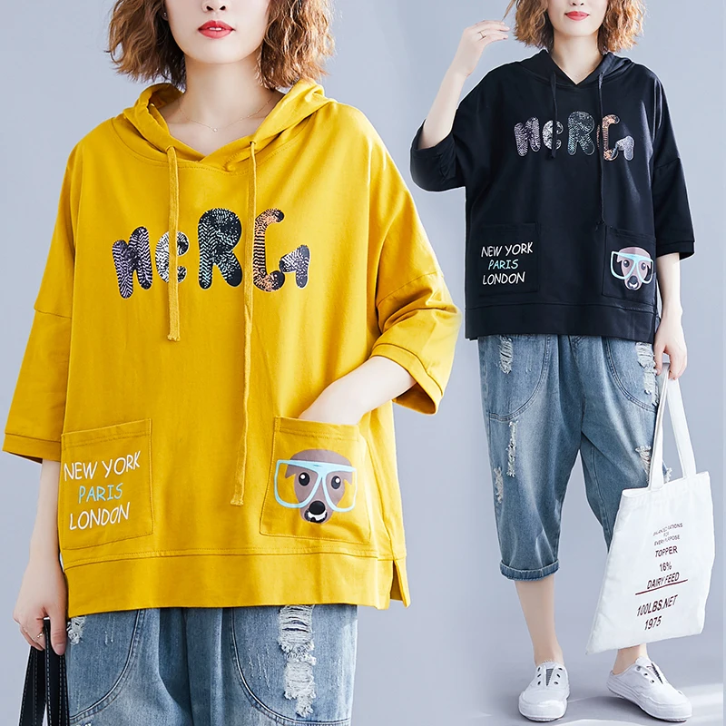 

8339 Women Spring Summer Fashion Korea Style V-neck Cartoon Print Hooded Sweatshirt Office Lady Student Sweet Loose Casual Top