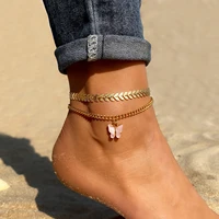 creative fishbone chai anklet set butterfly pendant multilayer chain anklet for women girls fashion foot ankle bohemian jewelry